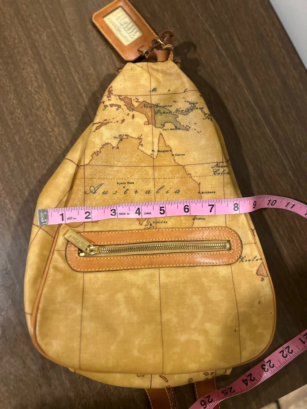 Alviero Martini 1A Classe Geo Map Sling Backpack Tan Coated Canvas Bag